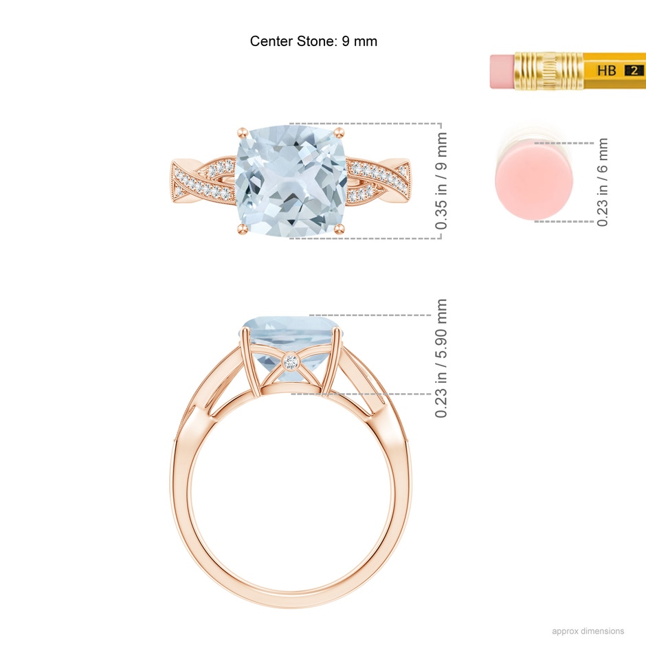 9mm A Solitaire Cushion Aquamarine Criss Cross Ring with Diamonds in Rose Gold ruler