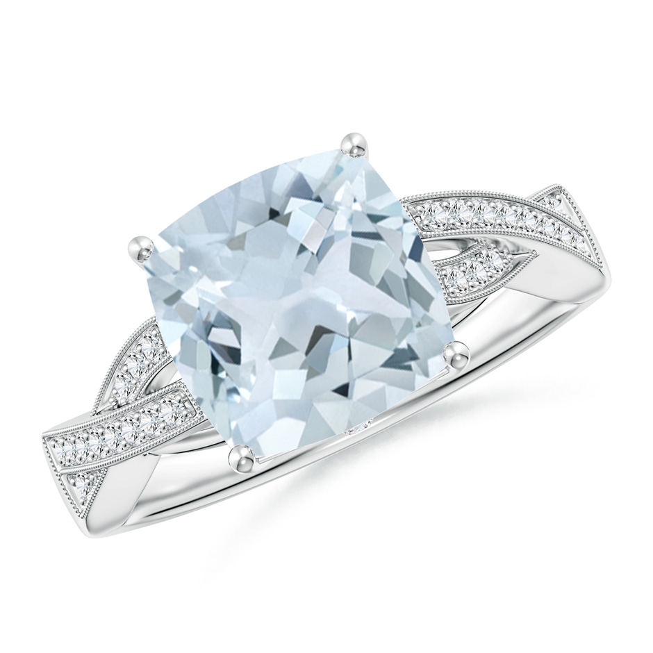 9mm A Solitaire Cushion Aquamarine Criss Cross Ring with Diamonds in White Gold 