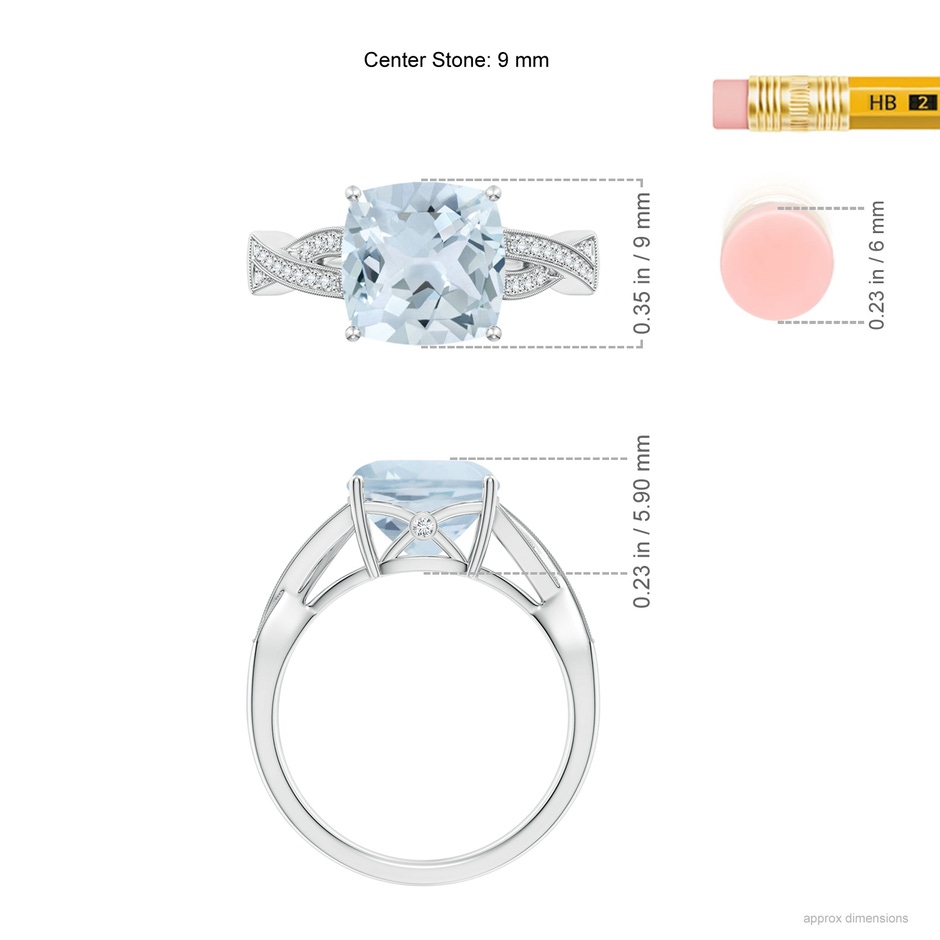 9mm A Solitaire Cushion Aquamarine Criss Cross Ring with Diamonds in White Gold ruler