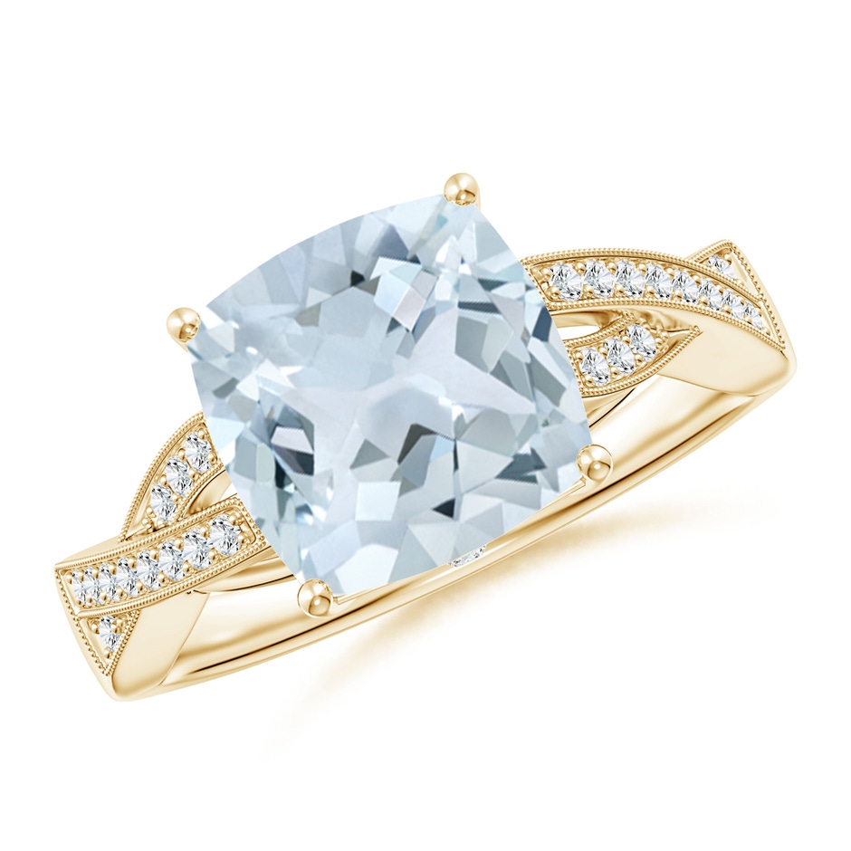 9mm A Solitaire Cushion Aquamarine Criss Cross Ring with Diamonds in Yellow Gold 