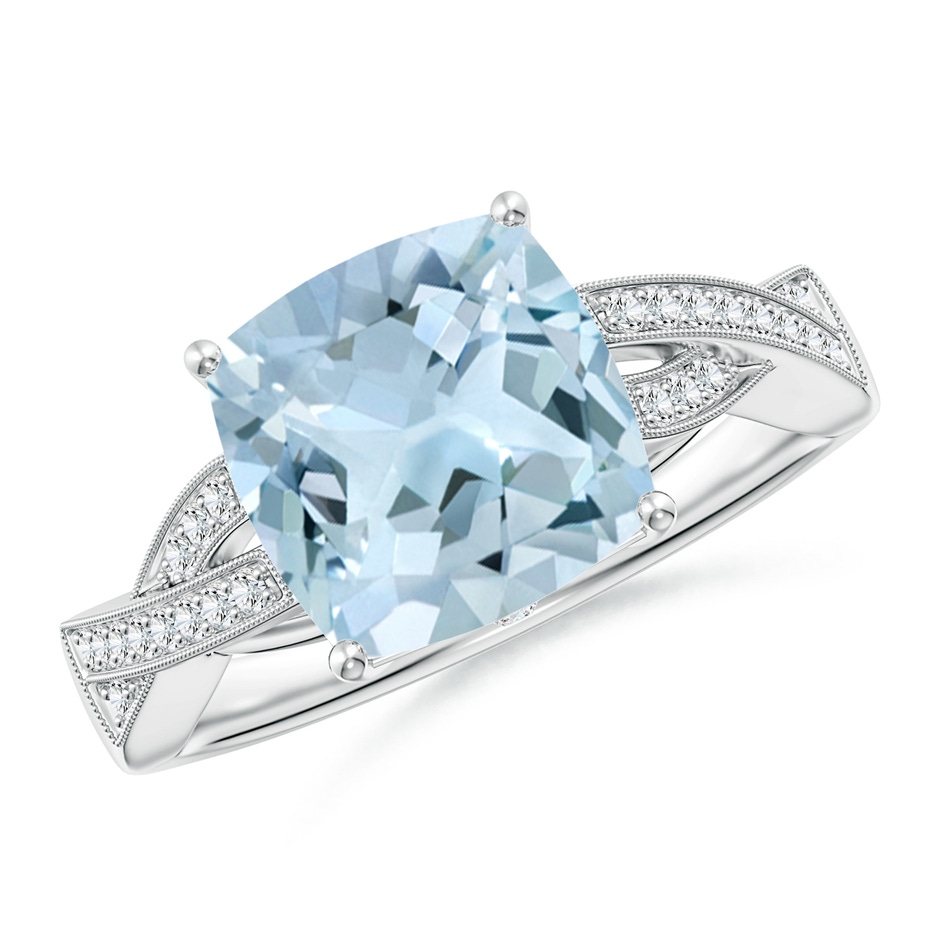 9mm AA Solitaire Cushion Aquamarine Criss Cross Ring with Diamonds in White Gold 