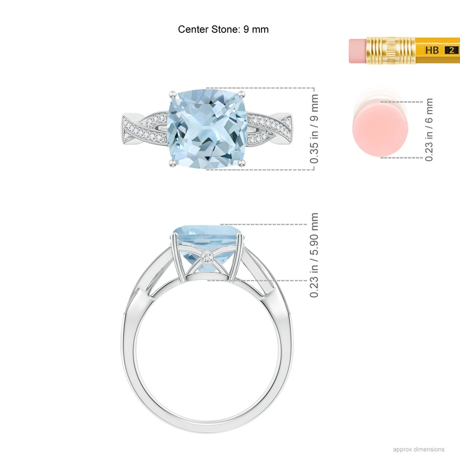 9mm AA Solitaire Cushion Aquamarine Criss Cross Ring with Diamonds in White Gold ruler