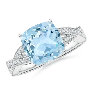 9mm AAA Solitaire Cushion Aquamarine Criss Cross Ring with Diamonds in White Gold
