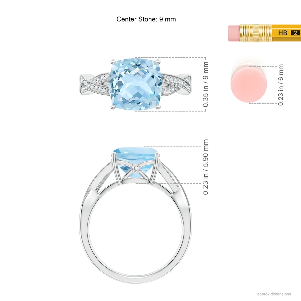 9mm AAA Solitaire Cushion Aquamarine Criss Cross Ring with Diamonds in White Gold Ruler