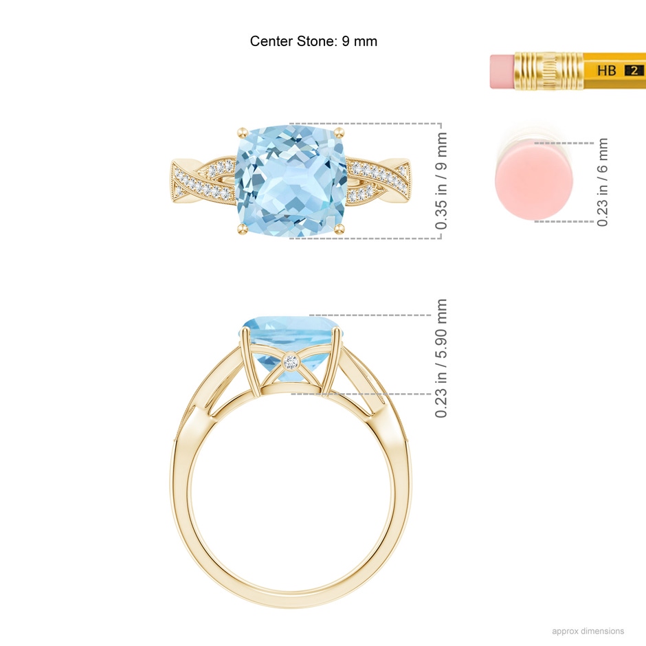 9mm AAA Solitaire Cushion Aquamarine Criss Cross Ring with Diamonds in Yellow Gold ruler