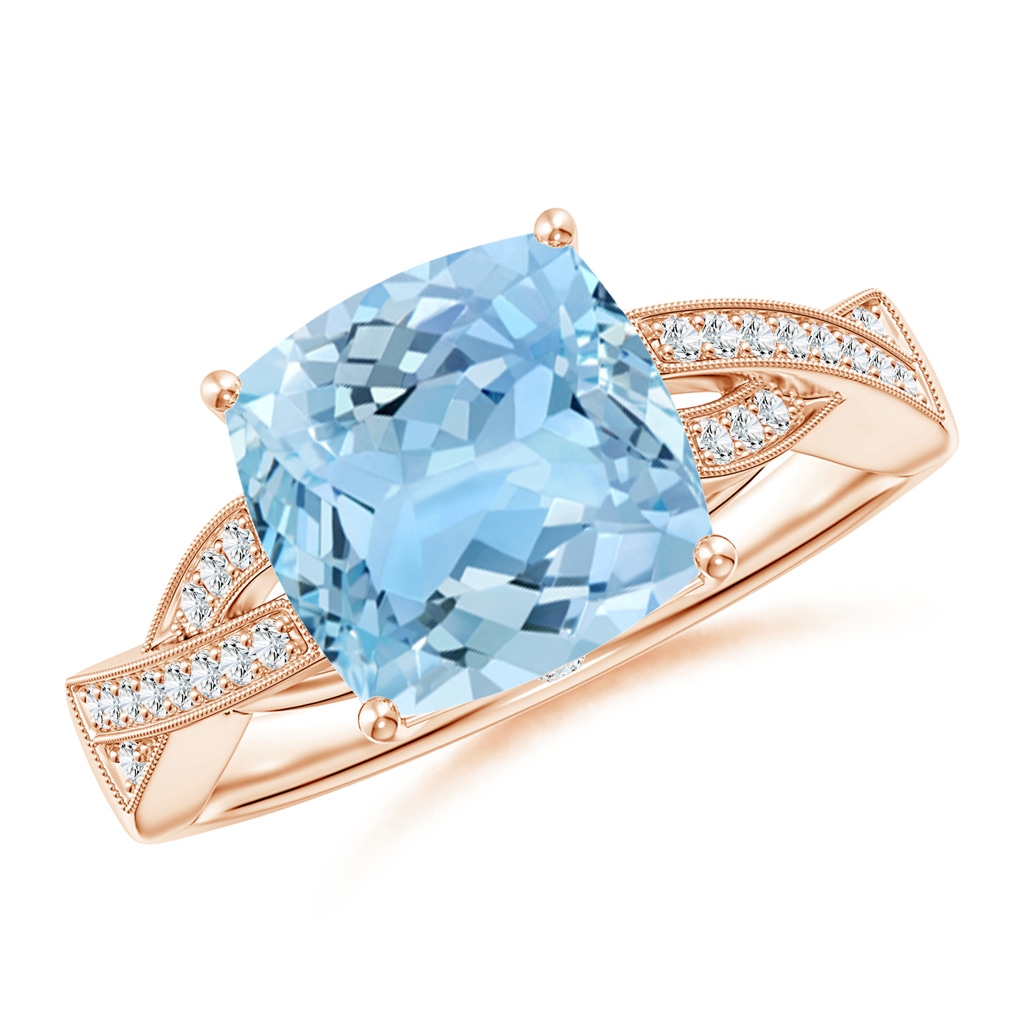 9mm AAAA Solitaire Cushion Aquamarine Criss Cross Ring with Diamonds in Rose Gold
