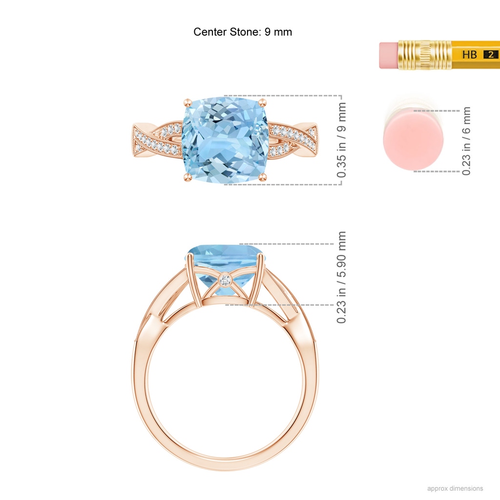 9mm AAAA Solitaire Cushion Aquamarine Criss Cross Ring with Diamonds in Rose Gold Ruler