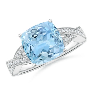 9mm AAAA Solitaire Cushion Aquamarine Criss Cross Ring with Diamonds in White Gold