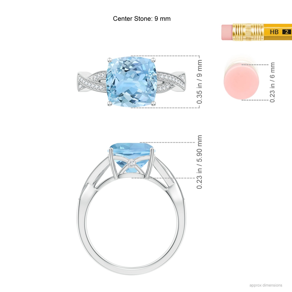 9mm AAAA Solitaire Cushion Aquamarine Criss Cross Ring with Diamonds in White Gold Ruler
