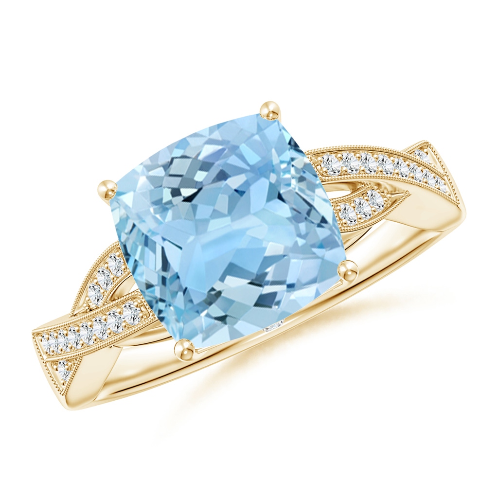 9mm AAAA Solitaire Cushion Aquamarine Criss Cross Ring with Diamonds in Yellow Gold