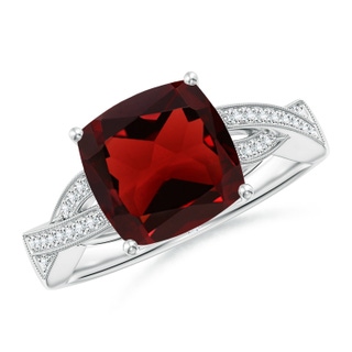 9mm AAA Solitaire Cushion Garnet Criss Cross Ring with Diamonds in White Gold