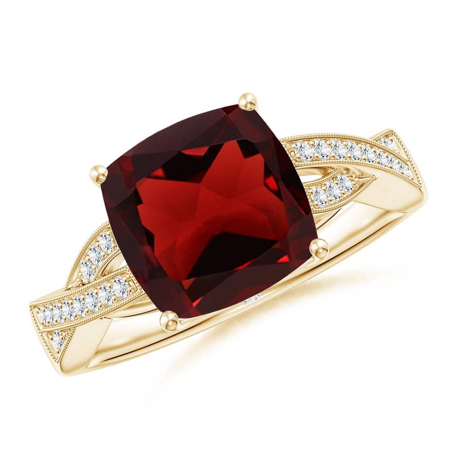 9mm AAA Solitaire Cushion Garnet Criss Cross Ring with Diamonds in Yellow Gold 