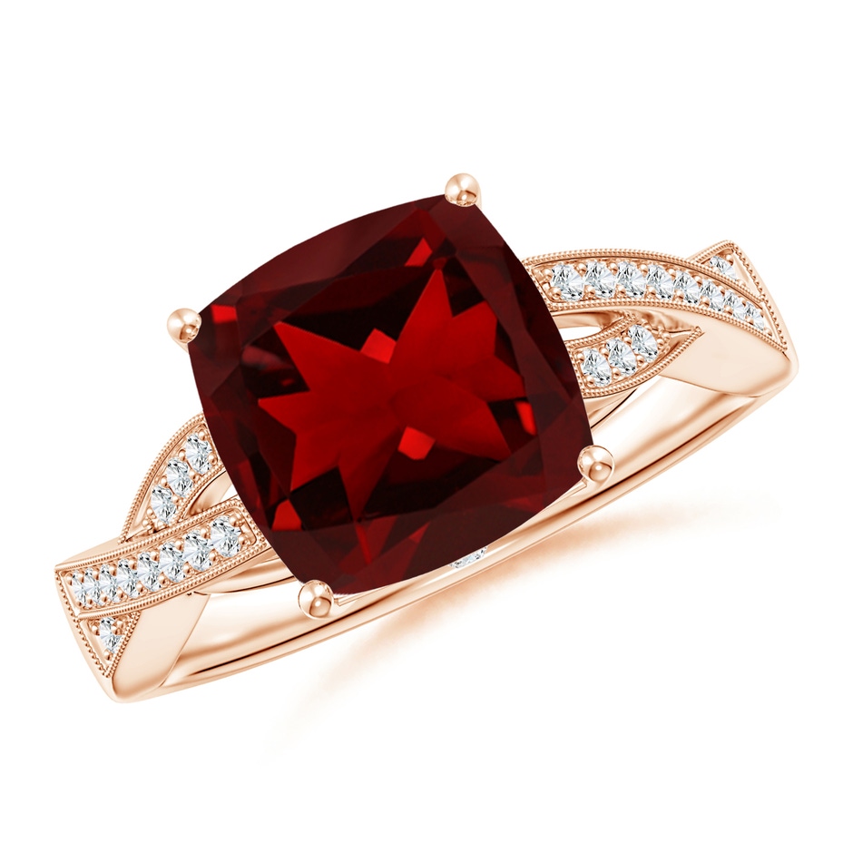 9mm AAAA Solitaire Cushion Garnet Criss Cross Ring with Diamonds in Rose Gold 