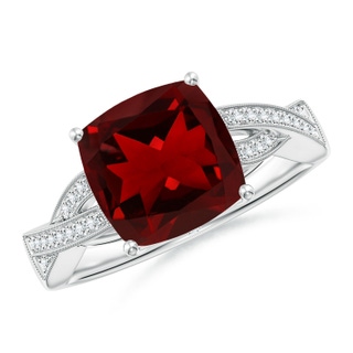 9mm AAAA Solitaire Cushion Garnet Criss Cross Ring with Diamonds in White Gold