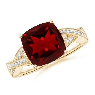 9mm AAAA Solitaire Cushion Garnet Criss Cross Ring with Diamonds in Yellow Gold