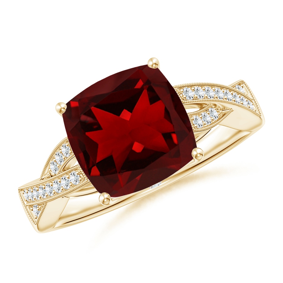 9mm AAAA Solitaire Cushion Garnet Criss Cross Ring with Diamonds in Yellow Gold 