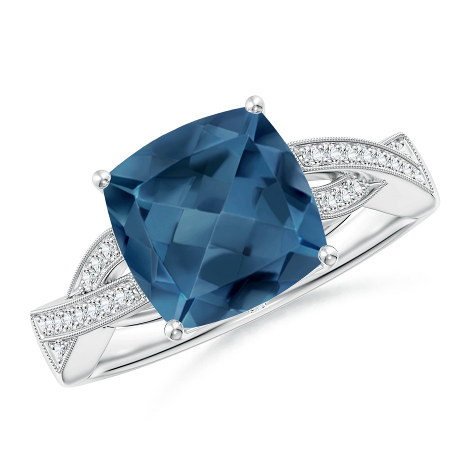 9mm A Cushion London Blue Topaz Criss Cross Ring with Diamonds in White Gold 