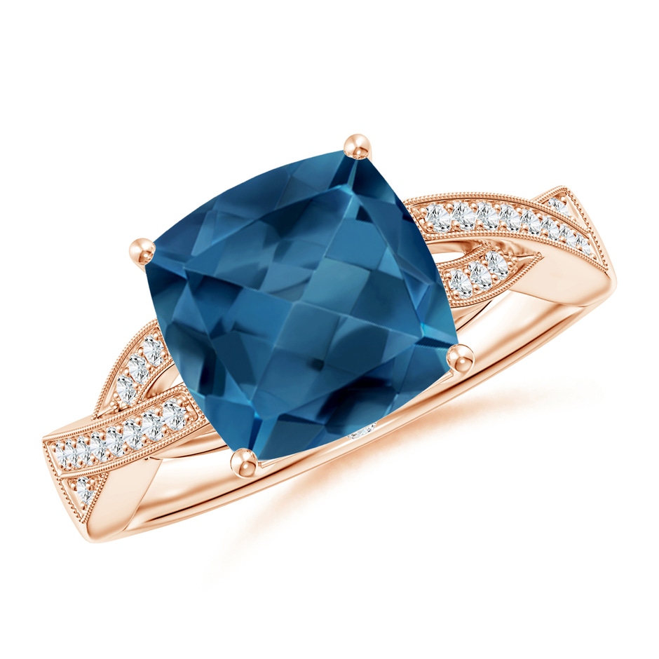 9mm AA Cushion London Blue Topaz Criss Cross Ring with Diamonds in Rose Gold 