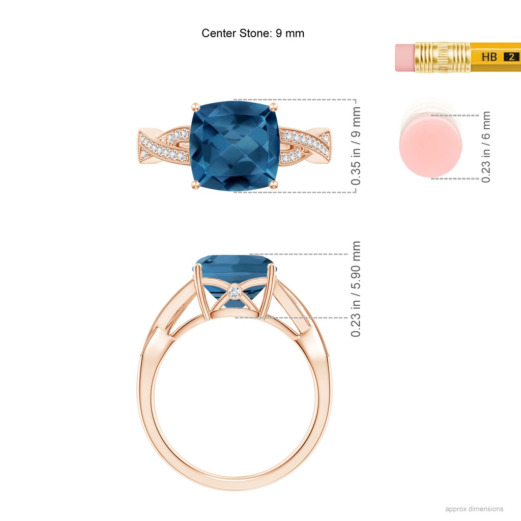 9mm AA Cushion London Blue Topaz Criss Cross Ring with Diamonds in Rose Gold Ruler