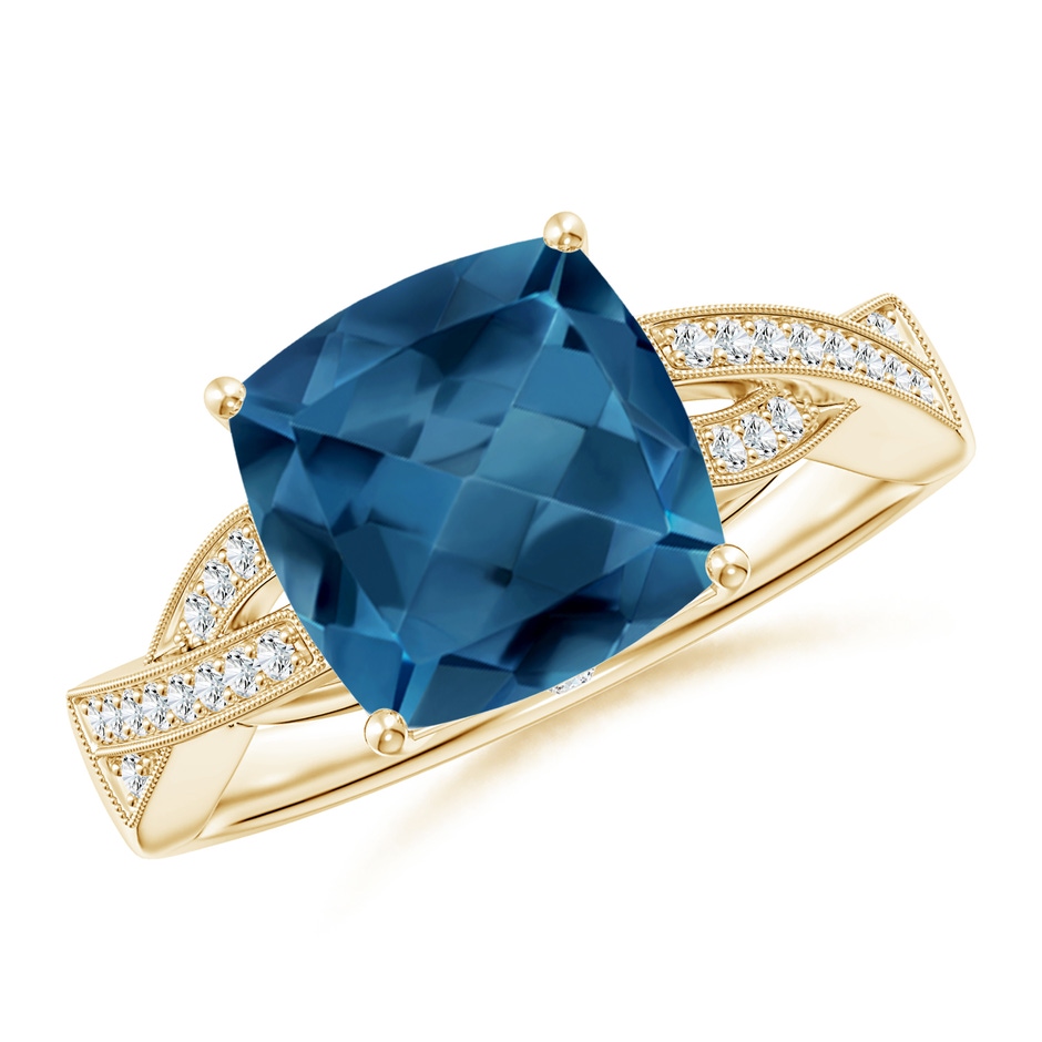 9mm AA Cushion London Blue Topaz Criss Cross Ring with Diamonds in Yellow Gold 