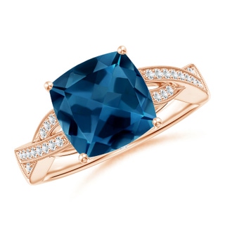 9mm AAA Cushion London Blue Topaz Criss Cross Ring with Diamonds in 10K Rose Gold