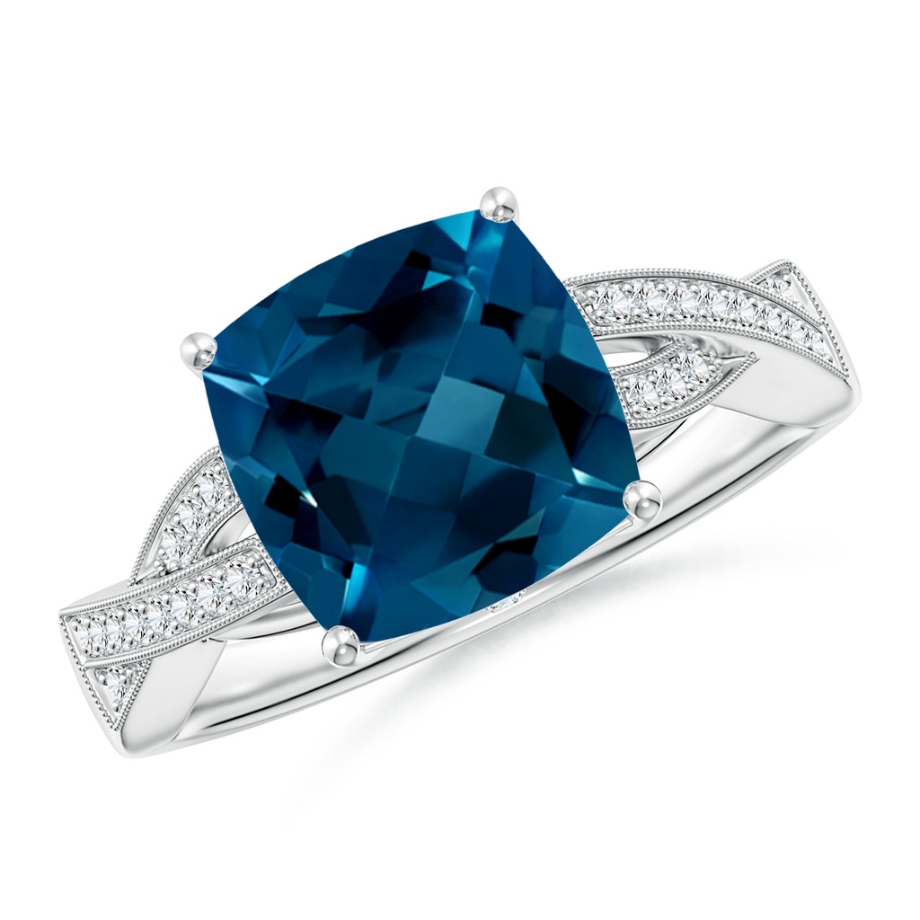 9mm AAAA Cushion London Blue Topaz Criss Cross Ring with Diamonds in White Gold