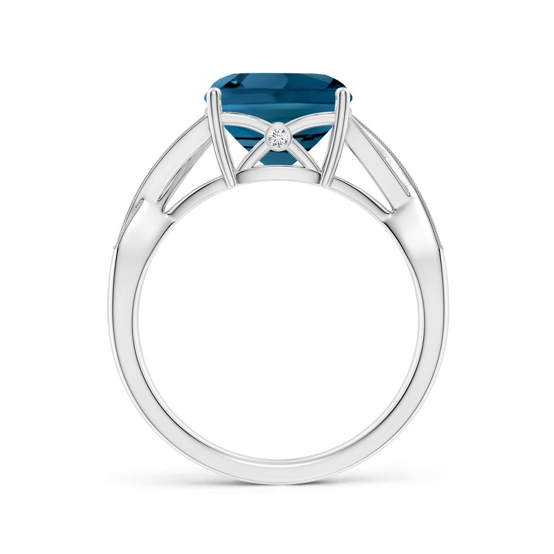 9mm AAAA Cushion London Blue Topaz Criss Cross Ring with Diamonds in White Gold - side 3