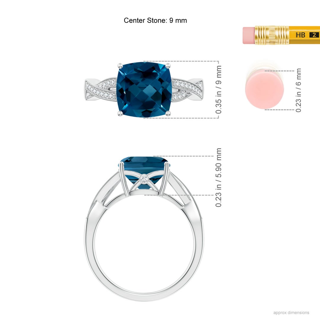 9mm AAAA Cushion London Blue Topaz Criss Cross Ring with Diamonds in White Gold - ruler