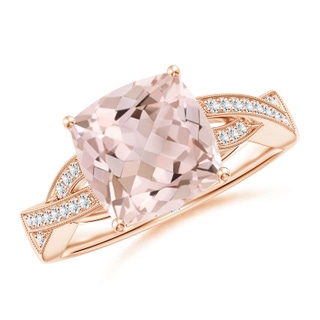 9mm A Solitaire Cushion Morganite Criss Cross Ring with Diamonds in Rose Gold