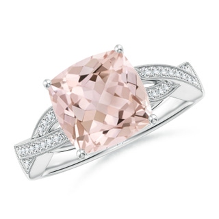 9mm A Solitaire Cushion Morganite Criss Cross Ring with Diamonds in White Gold