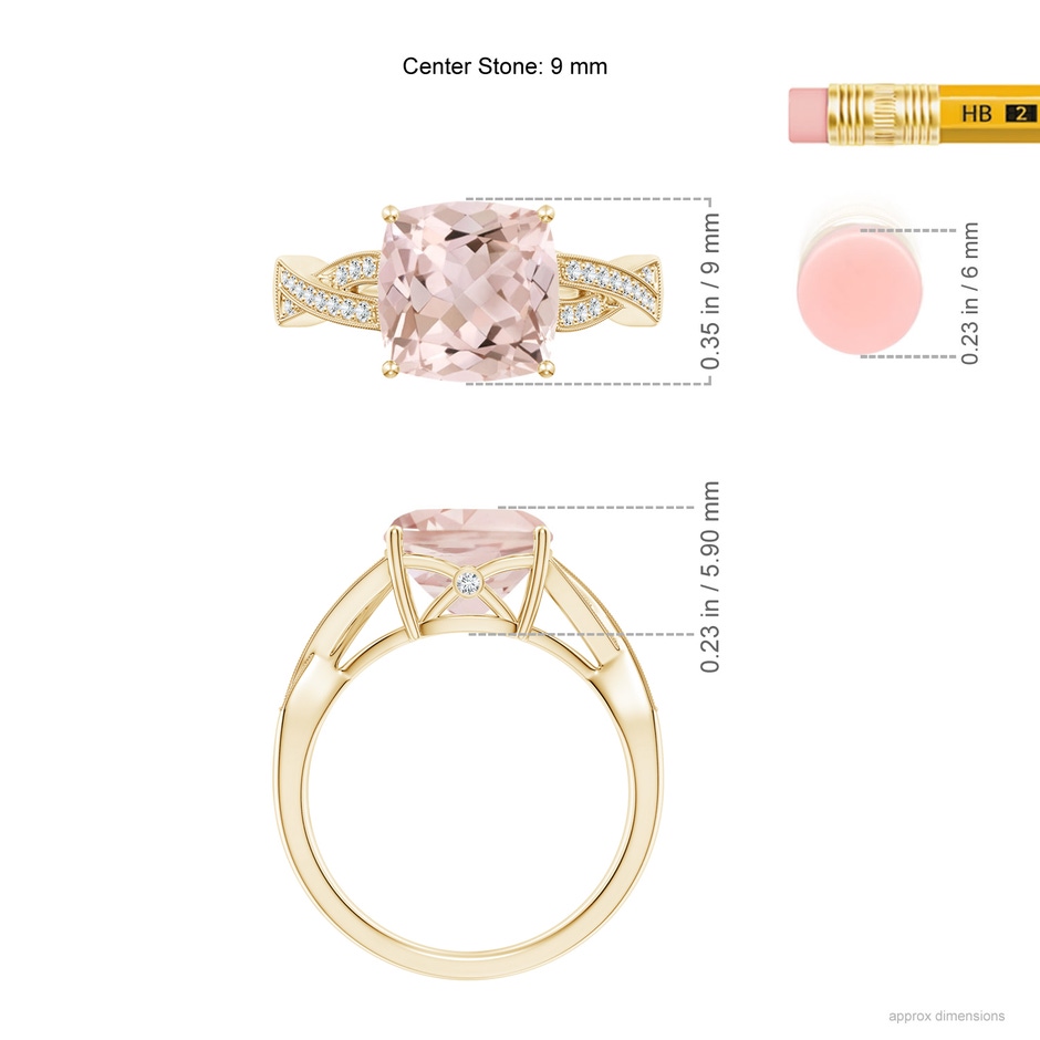 9mm A Solitaire Cushion Morganite Criss Cross Ring with Diamonds in Yellow Gold ruler