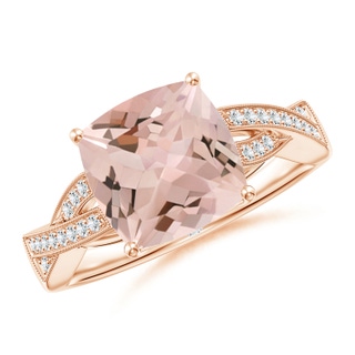9mm AA Solitaire Cushion Morganite Criss Cross Ring with Diamonds in Rose Gold