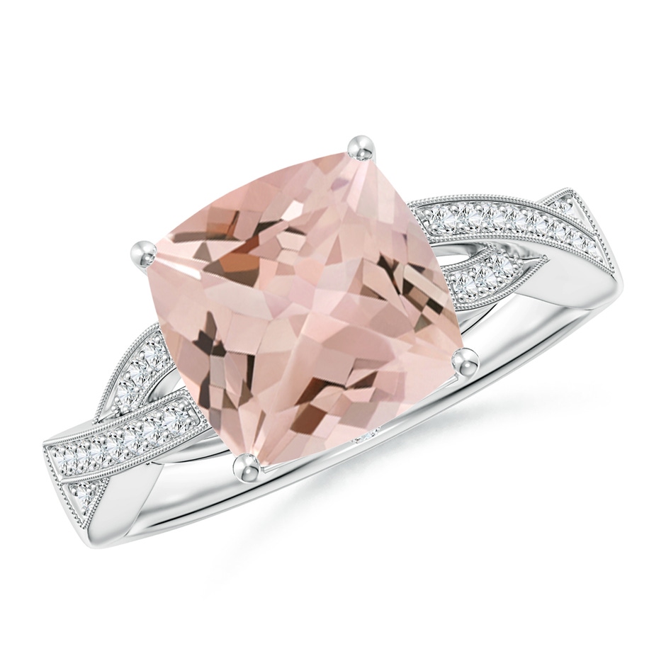 9mm AA Solitaire Cushion Morganite Criss Cross Ring with Diamonds in White Gold 