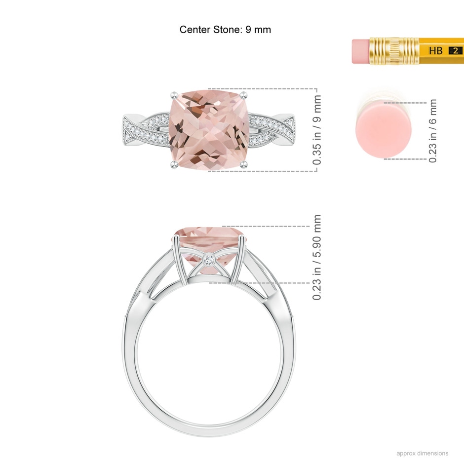 9mm AA Solitaire Cushion Morganite Criss Cross Ring with Diamonds in White Gold ruler