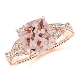 9mm AAA Solitaire Cushion Morganite Criss Cross Ring with Diamonds in Rose Gold