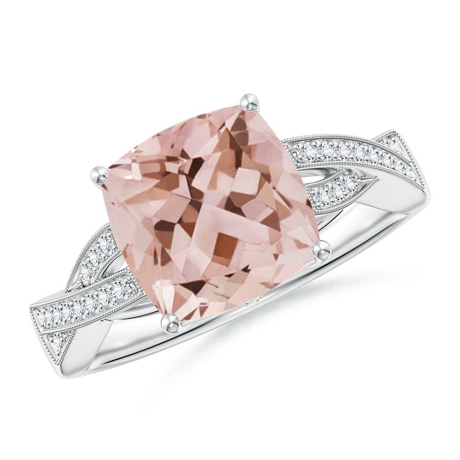 9mm AAA Solitaire Cushion Morganite Criss Cross Ring with Diamonds in White Gold 