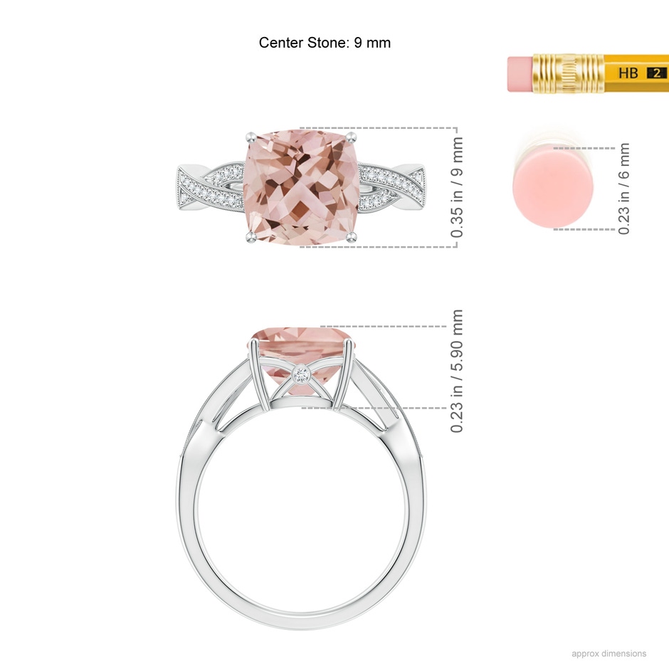 9mm AAA Solitaire Cushion Morganite Criss Cross Ring with Diamonds in White Gold ruler