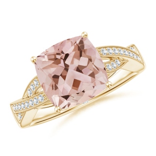 9mm AAA Solitaire Cushion Morganite Criss Cross Ring with Diamonds in Yellow Gold