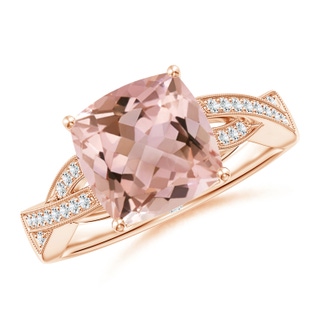 9mm AAAA Solitaire Cushion Morganite Criss Cross Ring with Diamonds in Rose Gold