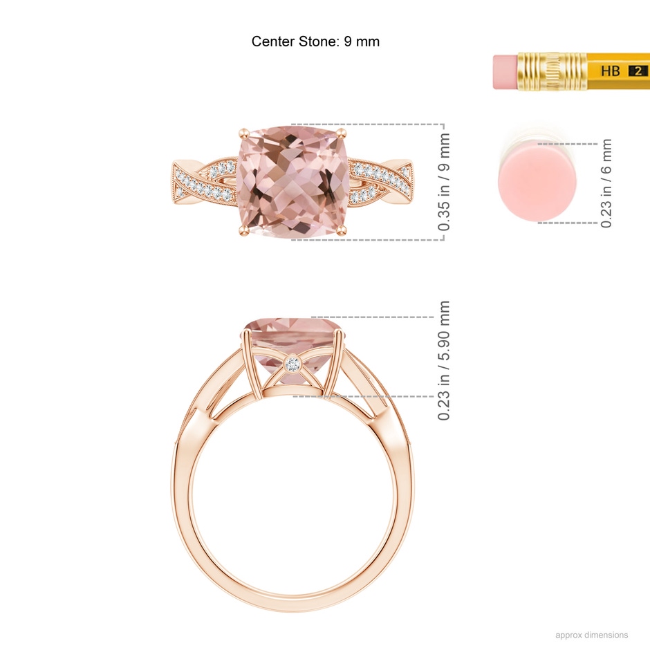 9mm AAAA Solitaire Cushion Morganite Criss Cross Ring with Diamonds in Rose Gold ruler