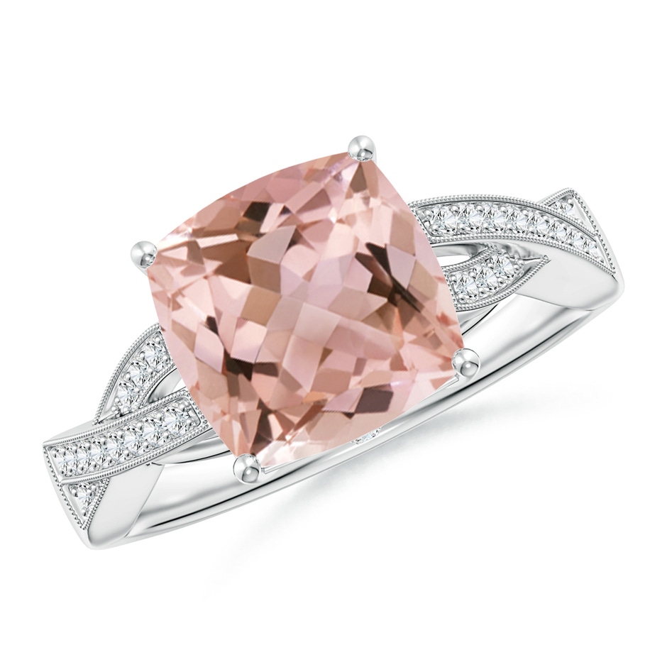 9mm AAAA Solitaire Cushion Morganite Criss Cross Ring with Diamonds in White Gold 