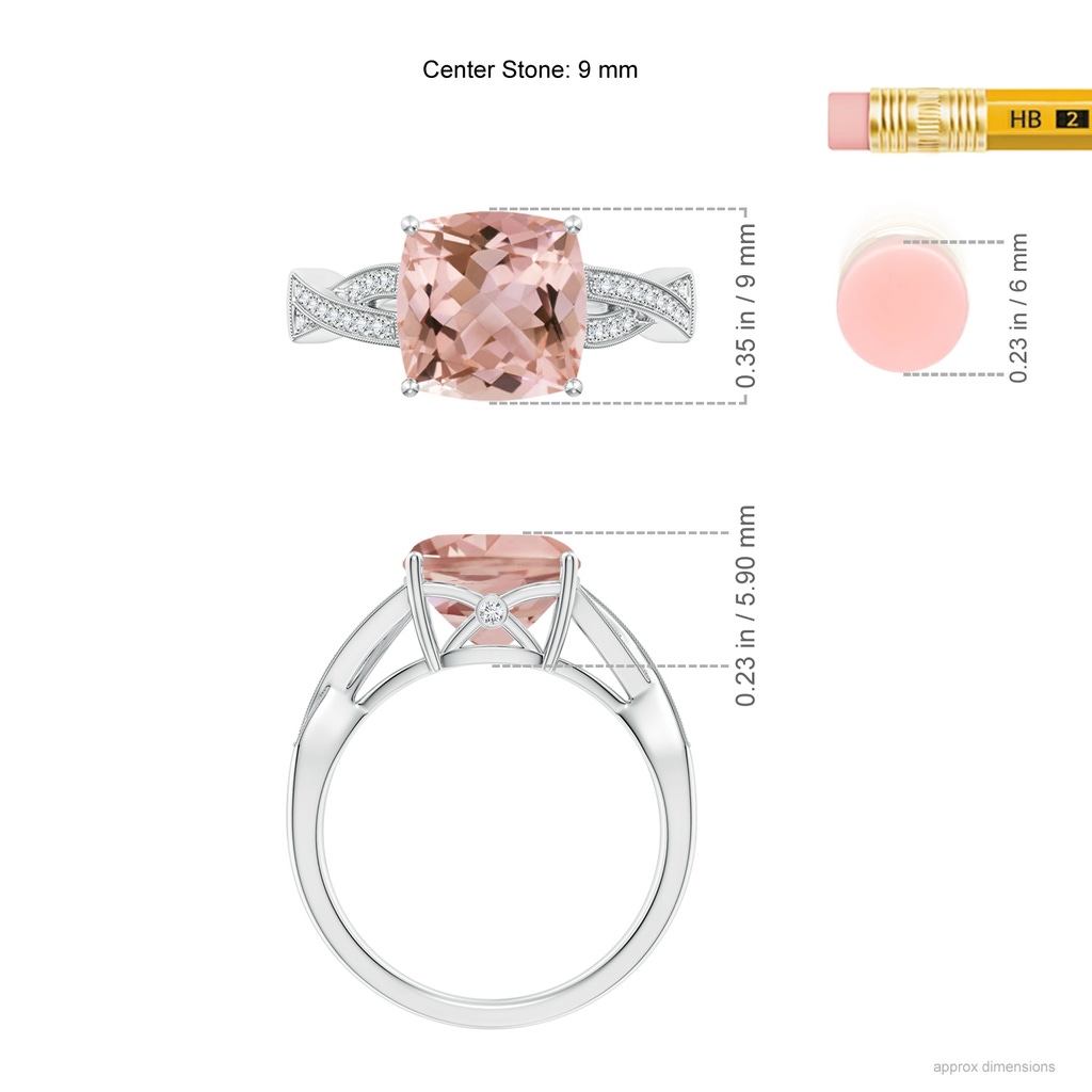 9mm AAAA Solitaire Cushion Morganite Criss Cross Ring with Diamonds in White Gold Ruler