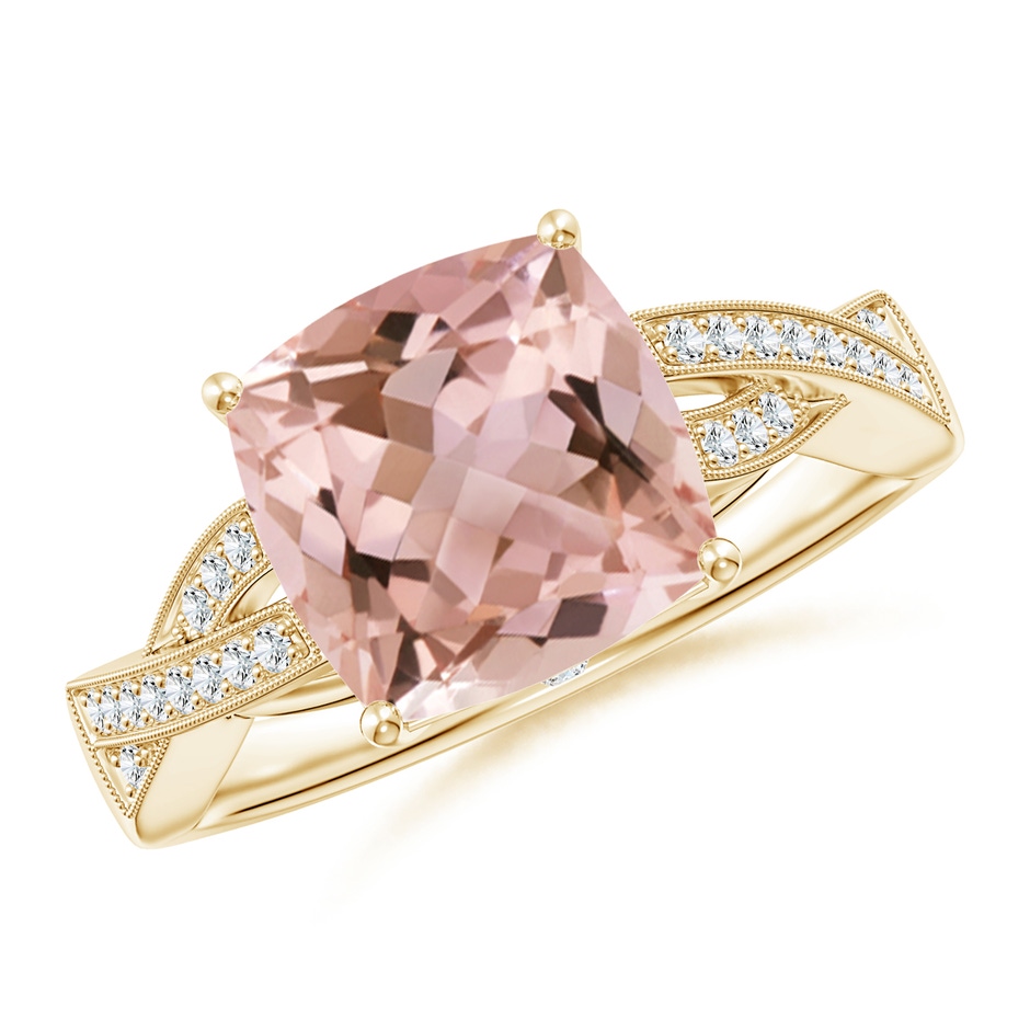 9mm AAAA Solitaire Cushion Morganite Criss Cross Ring with Diamonds in Yellow Gold 