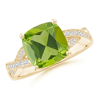 9mm AAA Solitaire Cushion Peridot Criss Cross Ring with Diamonds in 9K Yellow Gold
