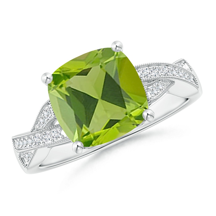 9mm AAA Solitaire Cushion Peridot Criss Cross Ring with Diamonds in White Gold