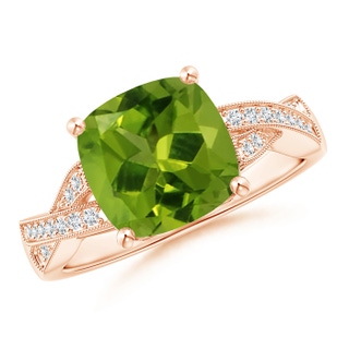 9mm AAAA Solitaire Cushion Peridot Criss Cross Ring with Diamonds in Rose Gold