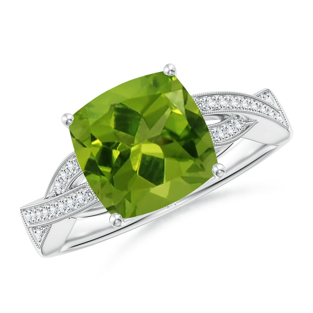 9mm AAAA Solitaire Cushion Peridot Criss Cross Ring with Diamonds in S999 Silver