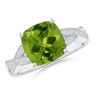9mm AAAA Solitaire Cushion Peridot Criss Cross Ring with Diamonds in White Gold