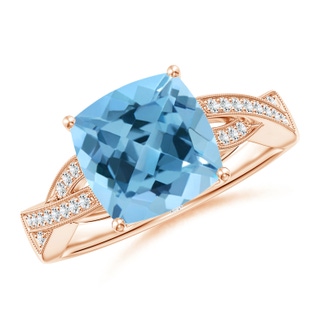 9mm A Solitaire Cushion Swiss Blue Topaz Criss Cross Ring with Diamonds in 9K Rose Gold