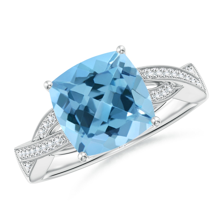9mm A Solitaire Cushion Swiss Blue Topaz Criss Cross Ring with Diamonds in White Gold 